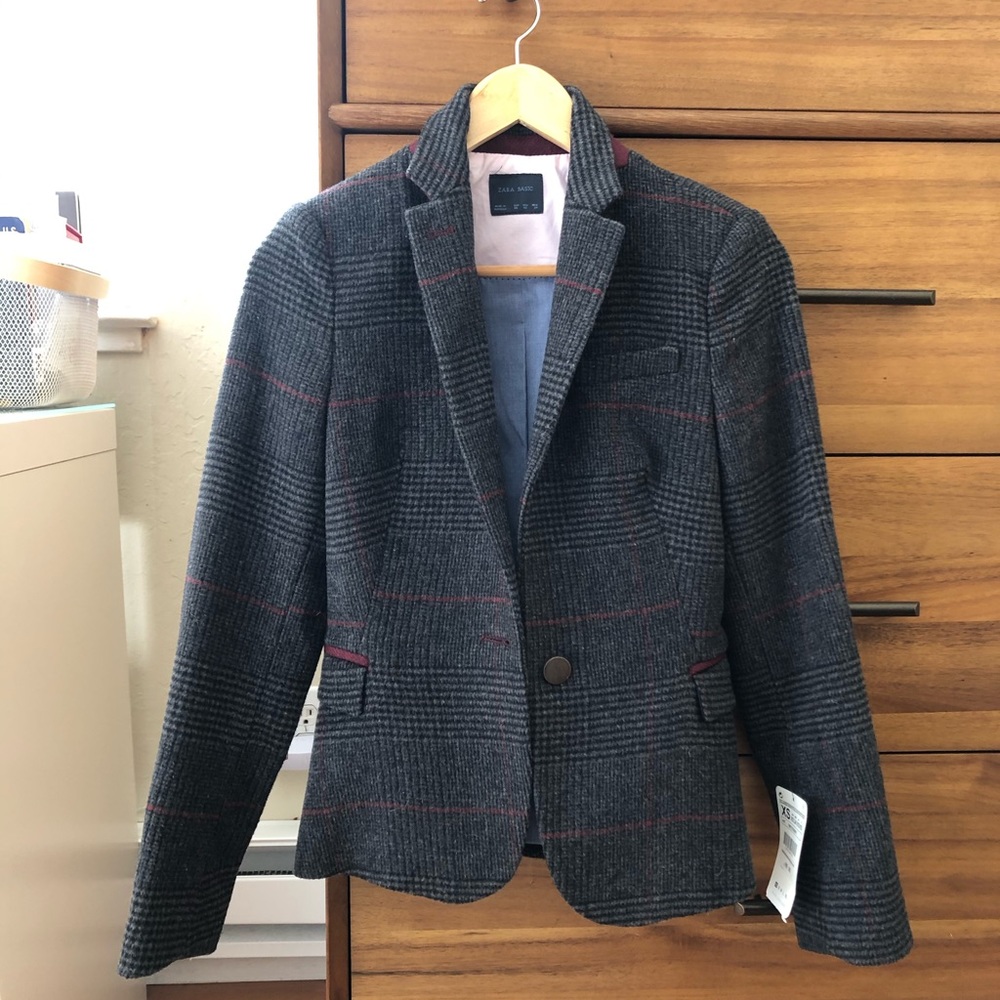 NEW Zara grey plaid blazer jacket, elbow pads XS